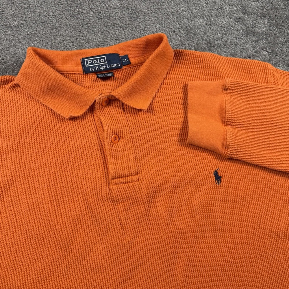 Vintage Polo Ralph Lauren Mens XL Orange Waffle Knit Thermal Long Sleeve Polo